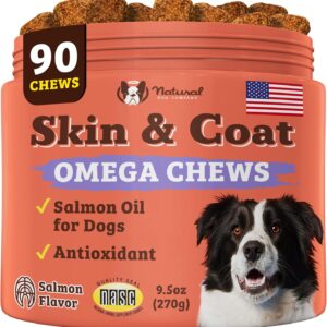 Natural Dog Company Skin & Coat Chews, Salmon Oil, Daily Vitamins and Supplements for Itchy Skin Relief, Allergies, Antioxidant (90 Count)