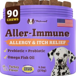 Natural Dog Company Aller-Immune Chews, Allergy Relief & Immune Support for Dogs, Itch Relief, Skin, Coat & Gut Health with Probiotics, Colostrum & Salmon Oil, Grain-Free Dog Supplement - 90 Chews