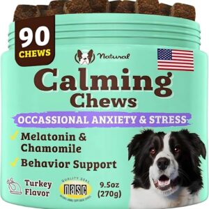 Natural Dog Company Calming Chews for Dogs 90 cnt, Peanut Butter & Bacon Flavor, Calming Dog treats with Melatonin for Dogs Promotes Relaxation & Composure for Daily Stress, Supports Balanced Behavior